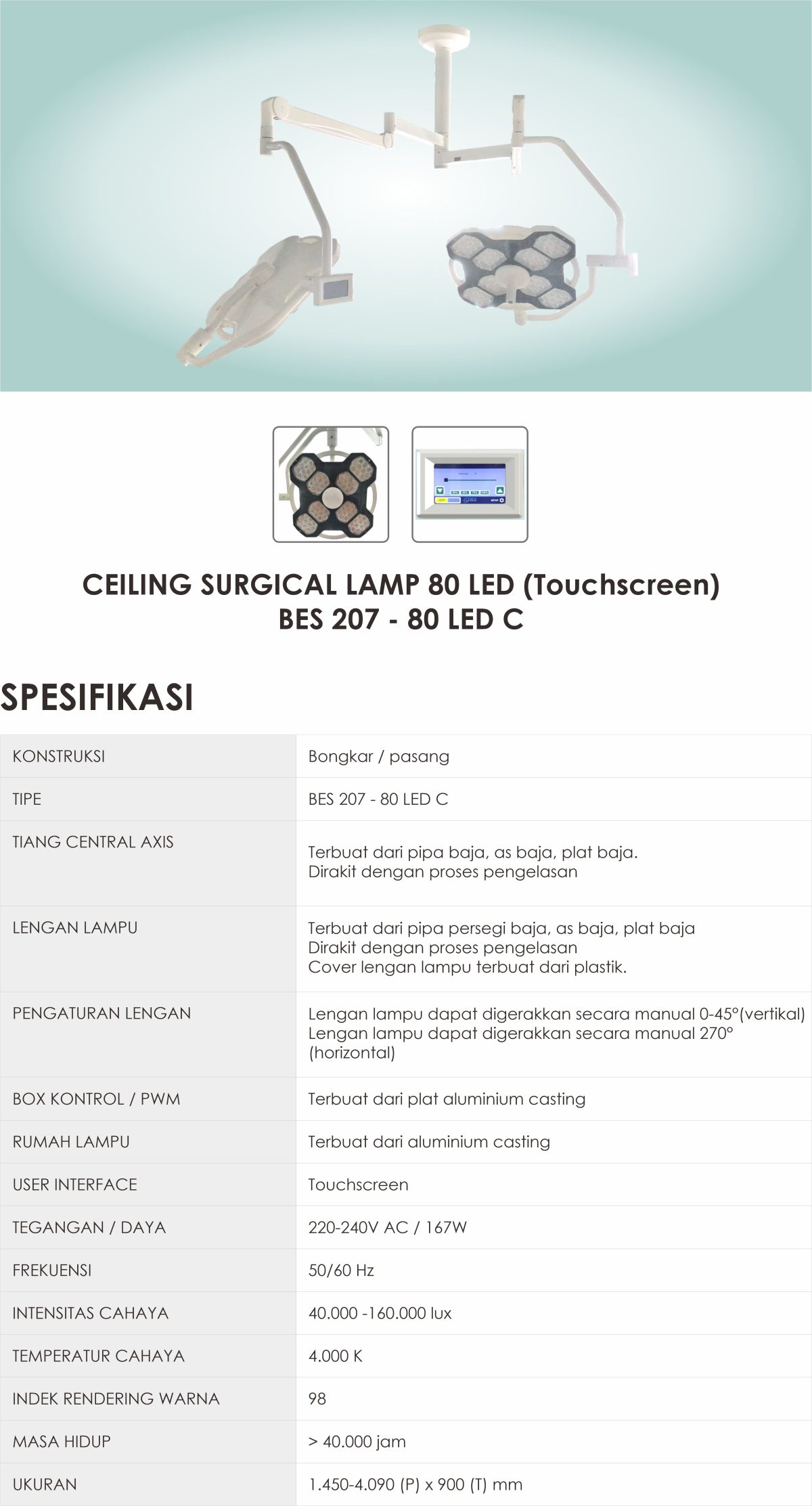 Ceiling Surgical Lamp 80 LED Touchscreen – PT Bina Equipment Sejahtera
